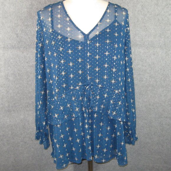 Style & Co Mesh Ruffle Front Top Blouse Blue Medallion Size 2X NWT - Picture 1 of 6